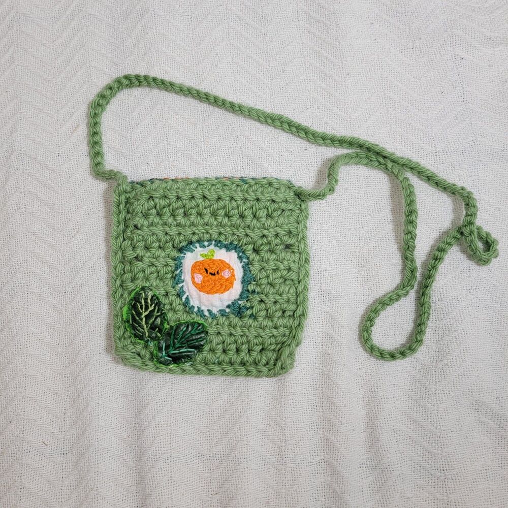 Handmade Crochet Mini Bag Purse Pumpkin Green Orange Lined 6.5"x6.5"